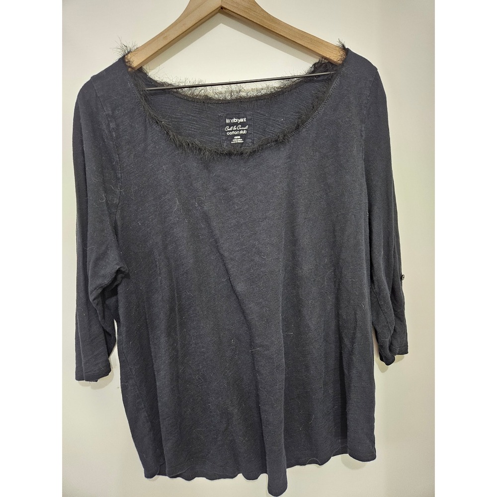 Lane Bryant Cool & Casual Black‎ Cotton Slub Eyelash Trim Scoop Neck Top 18/20